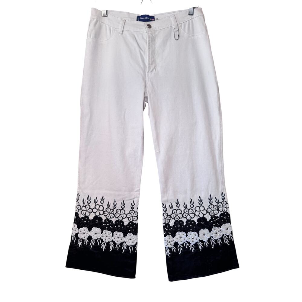 BrazilRoxx hand Embroidered Capri Pants White Sz 10 Boho Chic unique craftcore